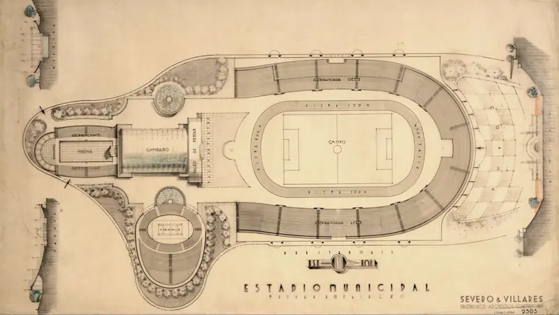 Planta original do Estádio Municipal, projeto de futura ampliação do escritório Severo & Villares